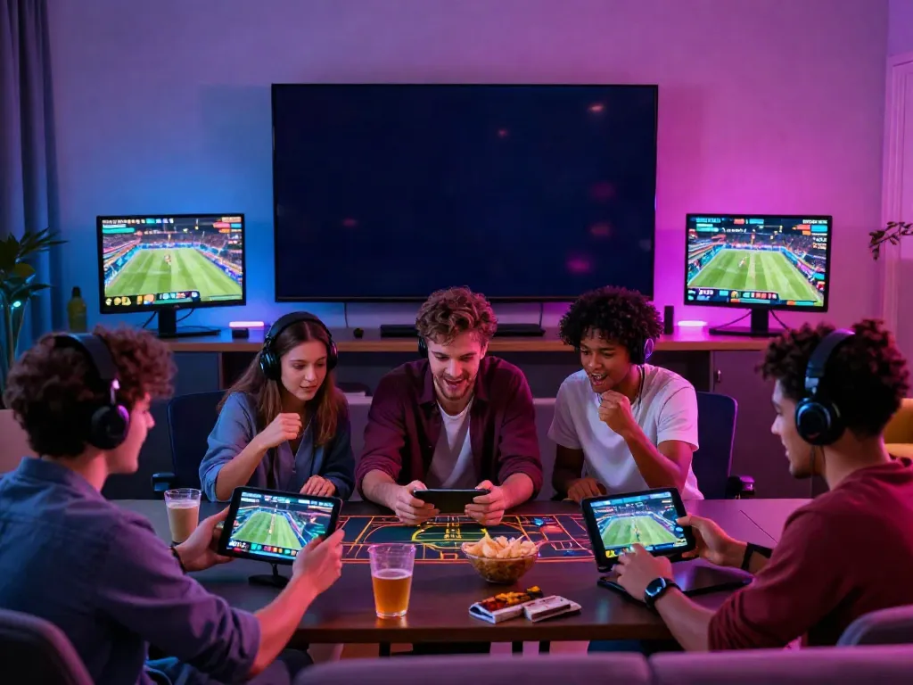 Friends enjoying a lively betting experience at FABET with sports highlights.