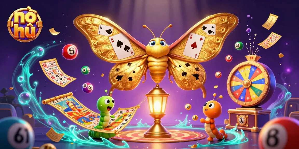 Engage in nổ hũ with a vibrant 3D casino scene featuring a golden moth and dynamic gaming elements.