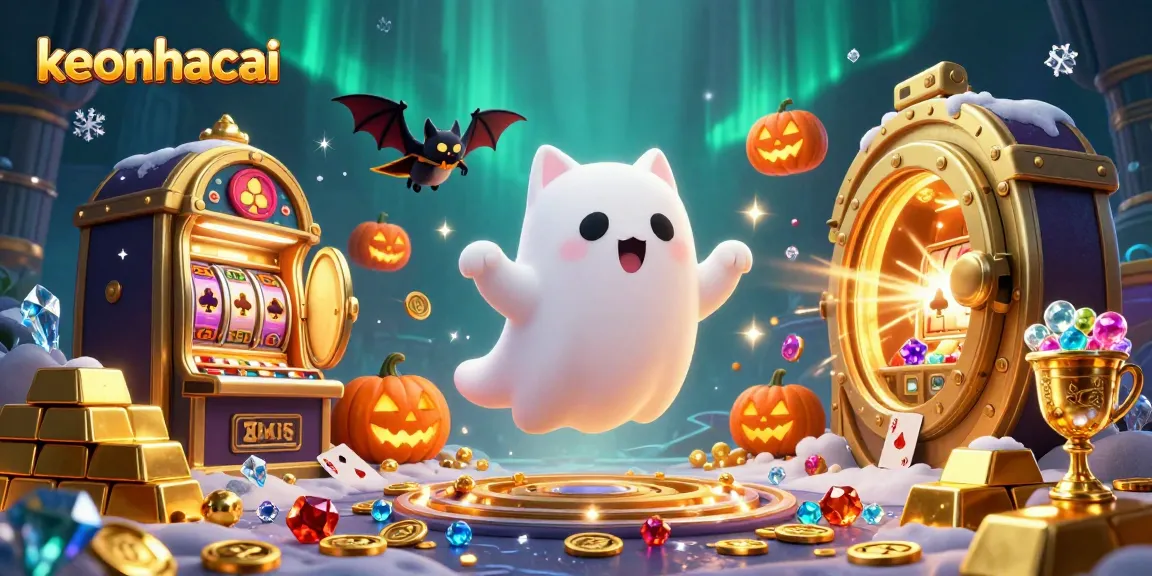 Immersive keonhacai casino scene with ghost cat, vampire bat, and glowing jack-o-lanterns amidst gold treasures.