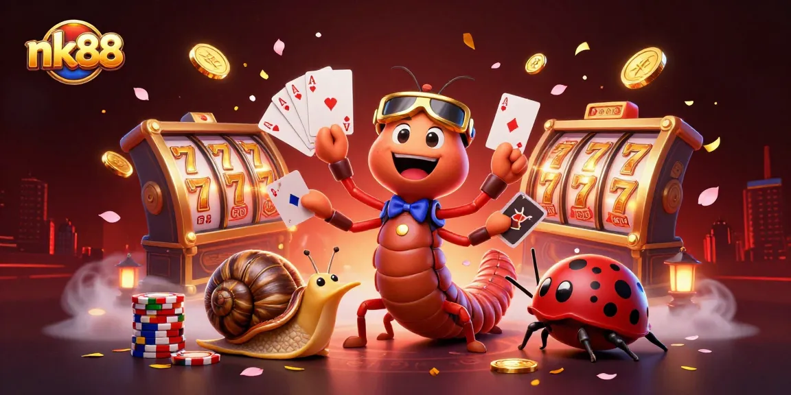 Experience thrilling wins at nk88 with a vibrant 3D casino scene featuring unique characters and slot games.