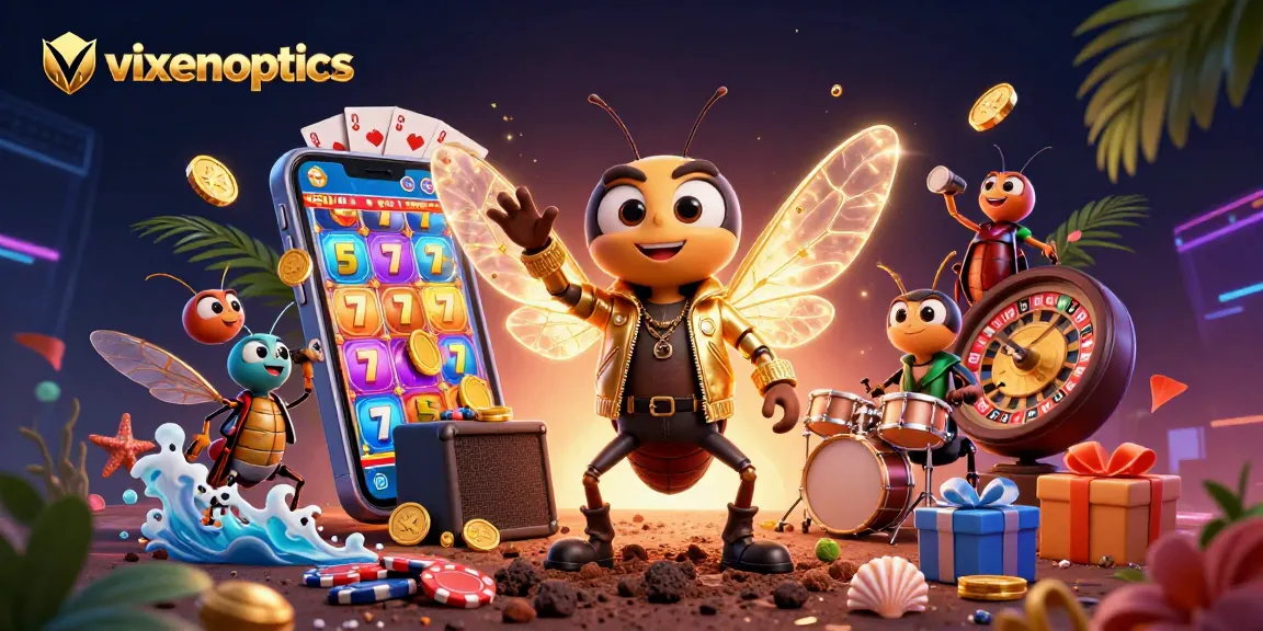 Engage in vibrant slot gaming at vixenoptics with an energetic 3D casino scene featuring unique characters.