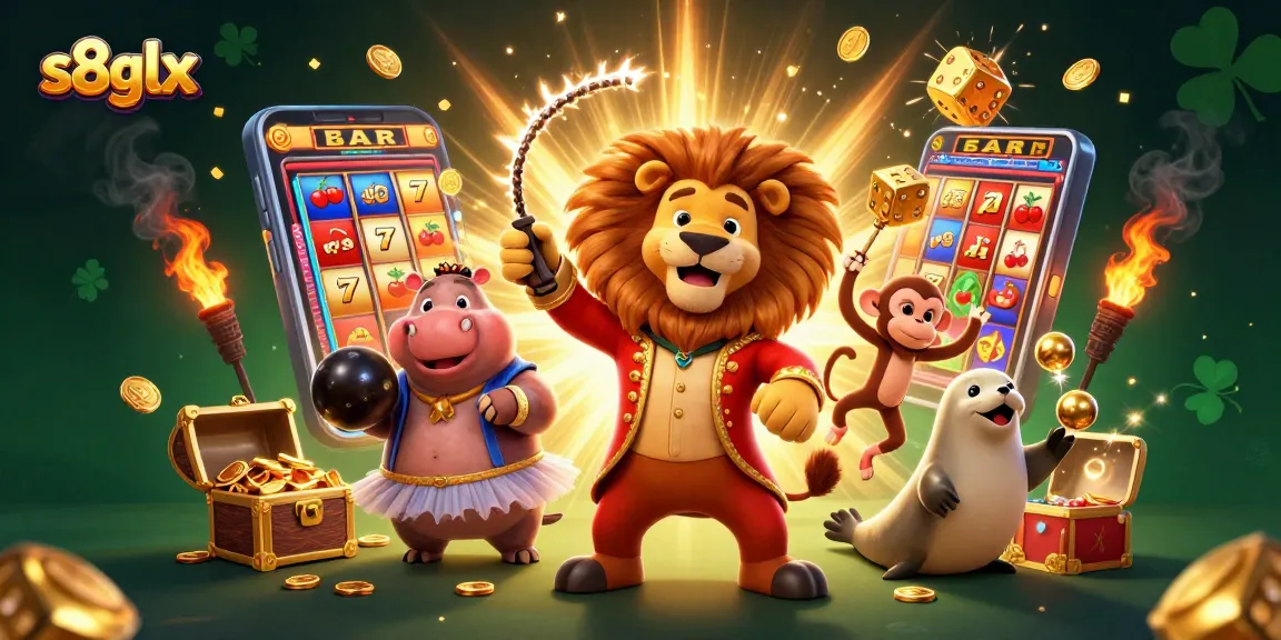 S8GLX carnival-style casino scene showcasing winners with vibrant slots and golden prizes.