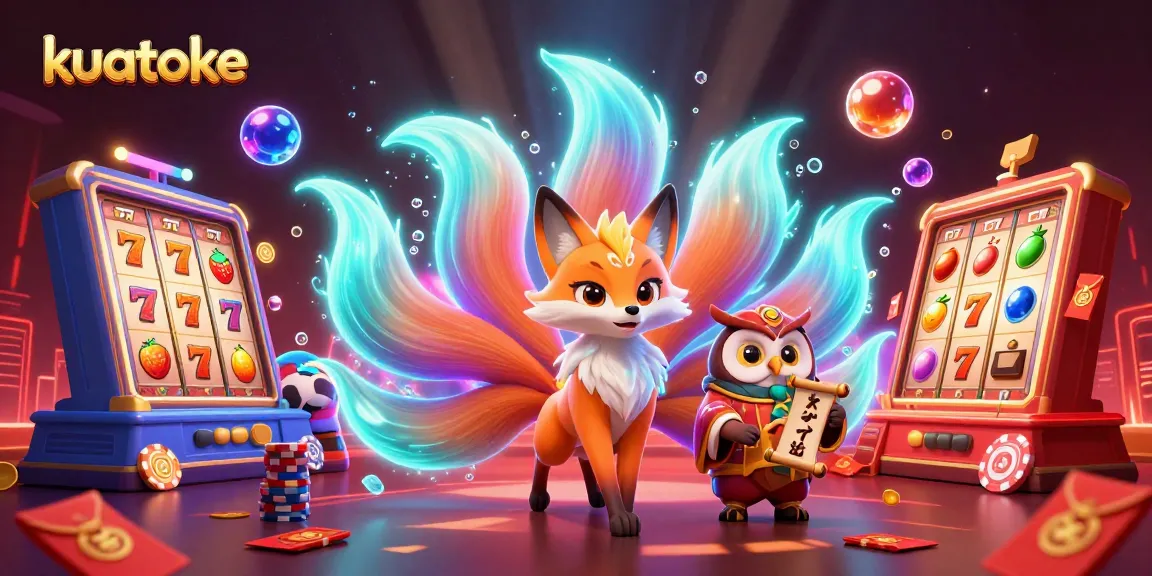 Kuatoke spins the reels with colorful slot symbols in an engaging casino scene with vibrant characters.