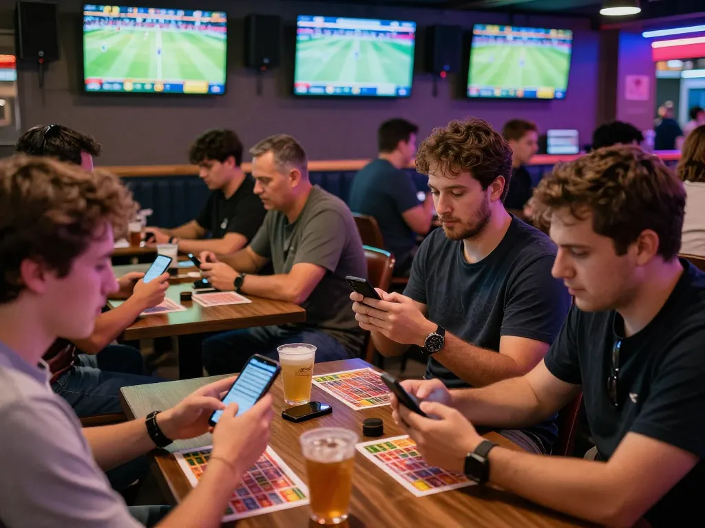 Fans analyzing odds and placing bets in a lively sports lounge with screen displays, oddy keyword included