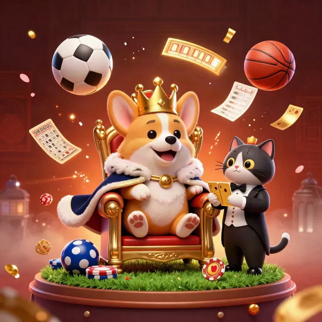 Royal corgi on chip throne with cat butler, lottery balls, sports balls, and casino glow.
