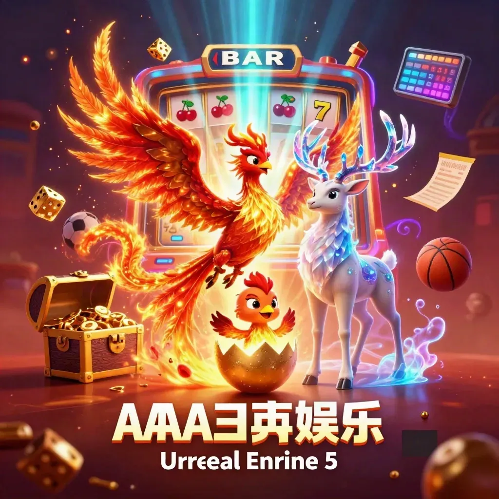 Fire phoenix, hatchling, and stag amid jackpot bursts, gold treasure, sports props, and glowing casino light.
