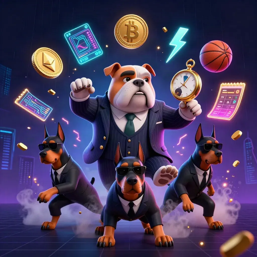 Bulldog boss and dobermans amid neon coins, lightning, and casino sports energy.