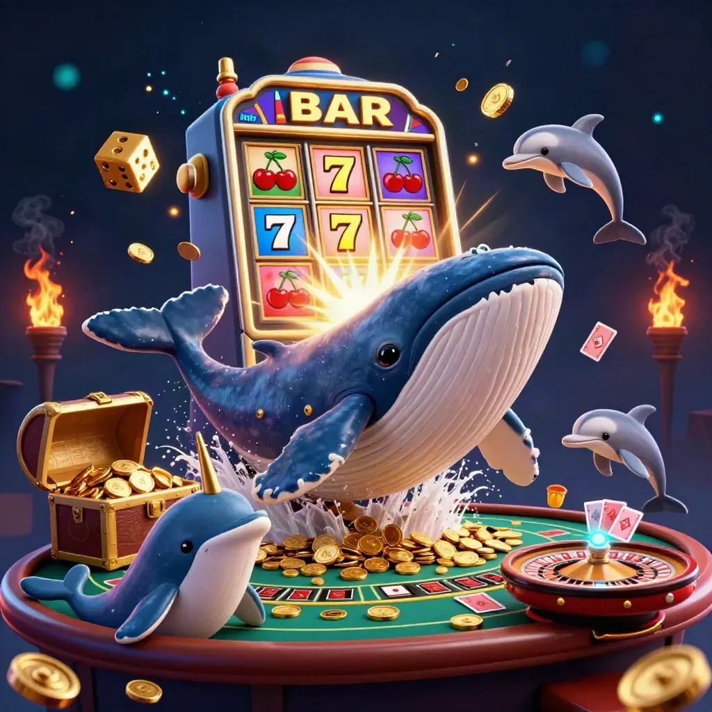 Whale captain, narwhal, and dolphins amid casino loot, slot burst, roulette glow, ember-lit navy scene