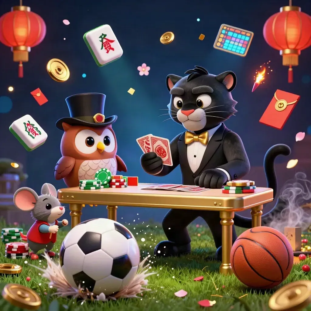 Cartoon panther, owl, and mouse amid exploding sports balls, chips, and casino glow.