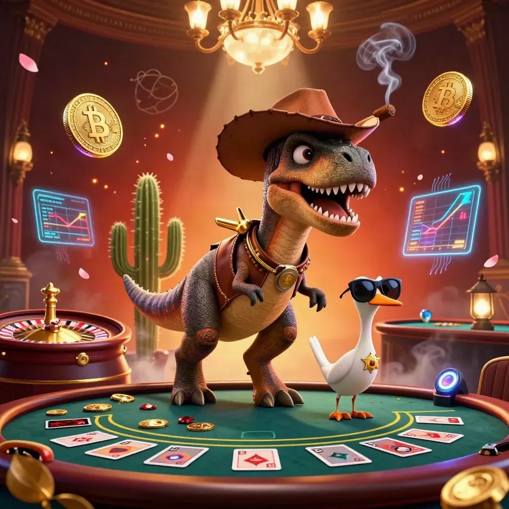 Cowboy T-Rex, cactus sidekick, and roadrunner amid casino glow, coins, charts, and brass roulette room