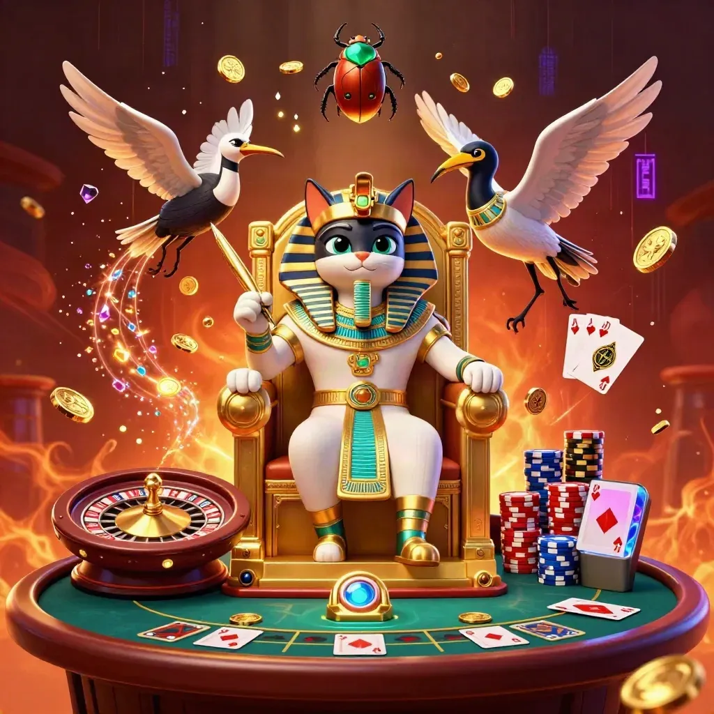 Pharaoh cat and ibis scribe amid spinning roulette, coins, jewels, and casino glow.