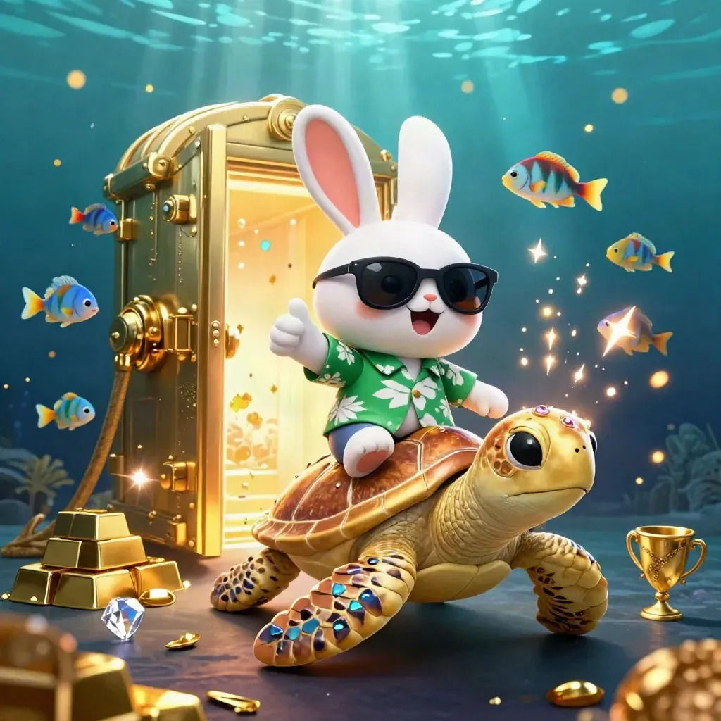 Lucky rabbit rides a gem-shell sea turtle as gold bursts from an underwater vault.
