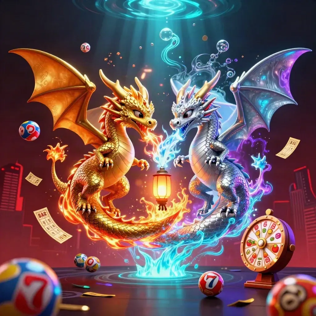 Gold and silver dragons spiral with casino symbols, glowing skyline, and cinematic light.