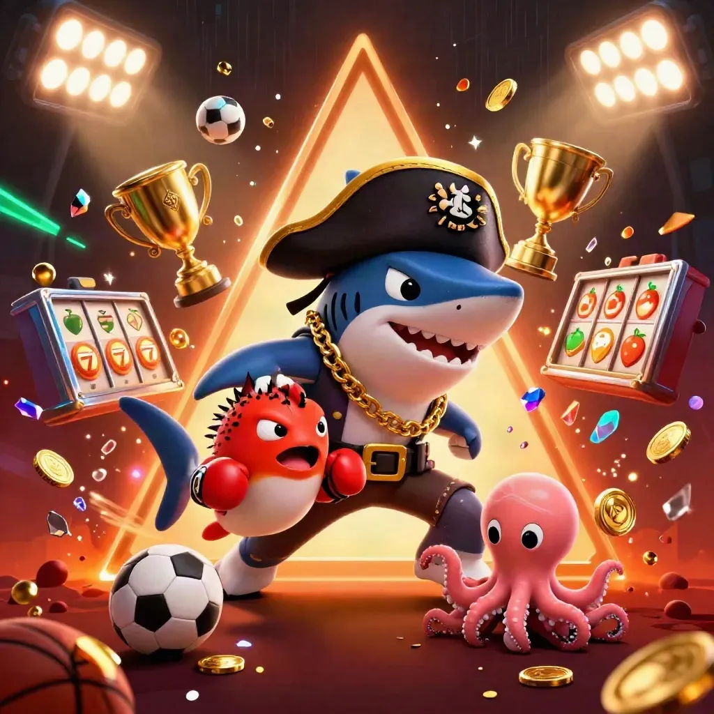 Pirate shark, red pufferfish, and baby octopus amid casino balls, treasure, and emerald lightning.