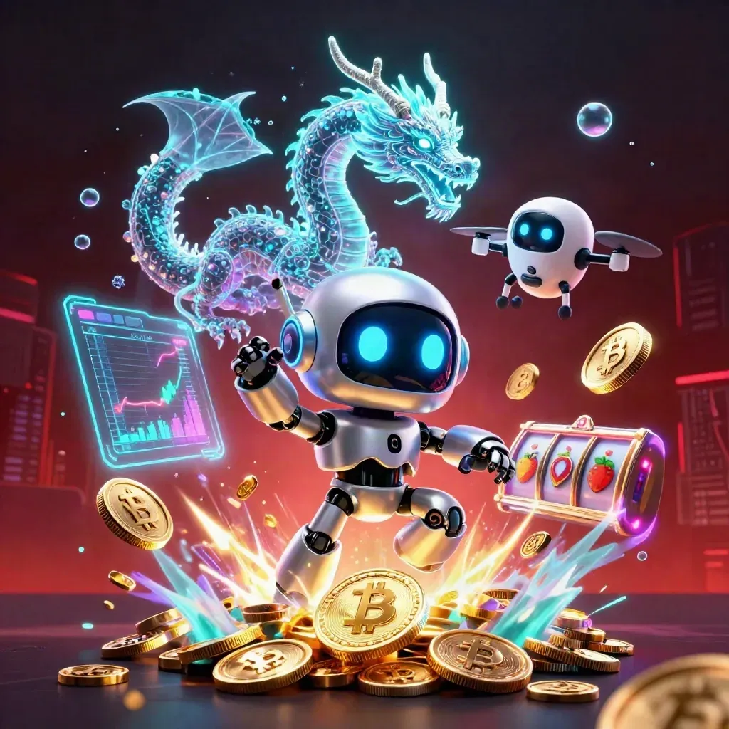 Cyberpunk robot, holographic dragon, and coin drone amid crypto sparks over a dark neon skyline.