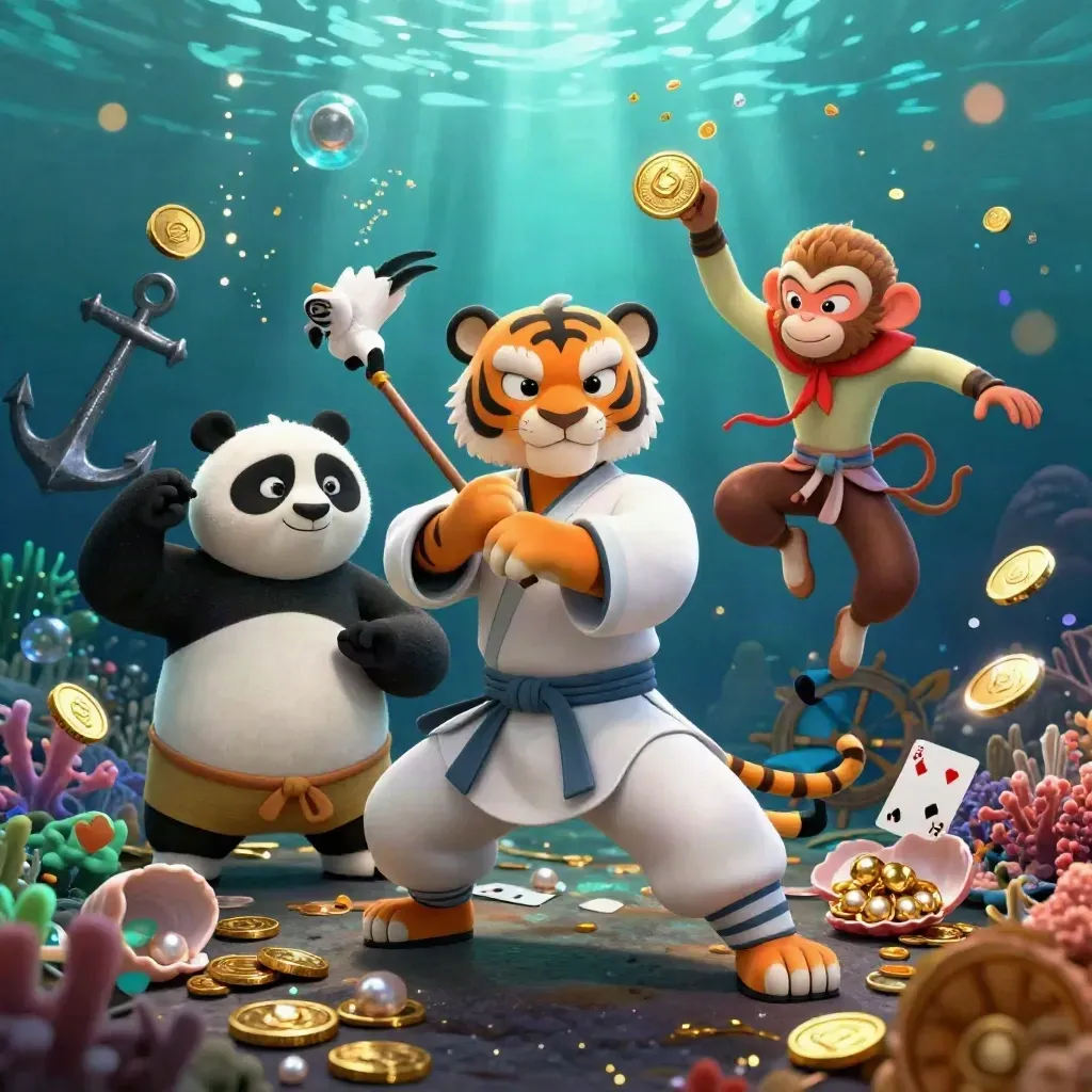 Tiger, panda, and monkey in an underwater treasure cove amid gold coins and glowing coral.