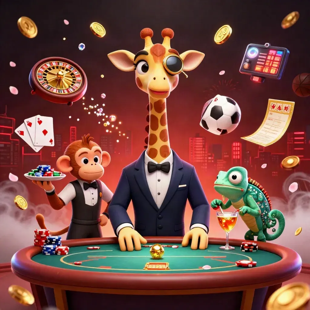 Giraffe, monkey, and chameleon celebrate with coins, roulette, chips, and casino lights.
