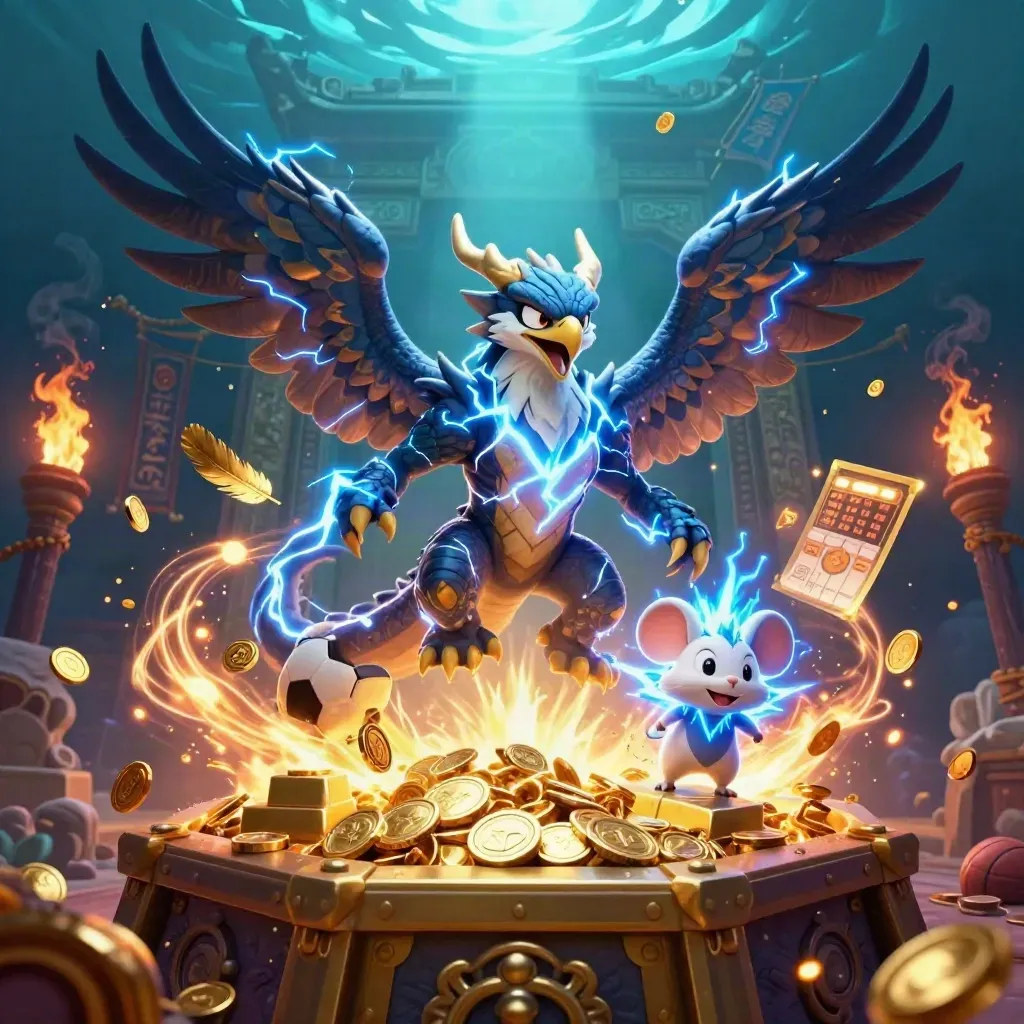 Thunder dragon, wind hawk, and spark mouse erupt amid gold coins in a temple vault
