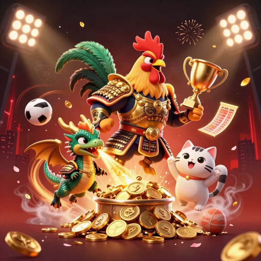Rooster warrior, dragon hatchling, and fortune-cat amid coins, fireworks, and stadium glow.