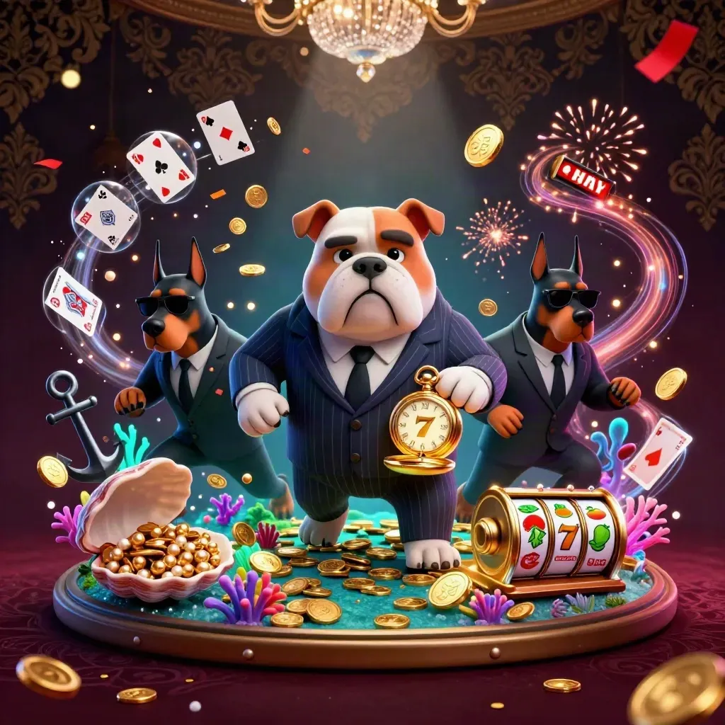 Bulldog mob boss with two Doberman guards amid coins, coral, cards, reels, and glowing casino effects.