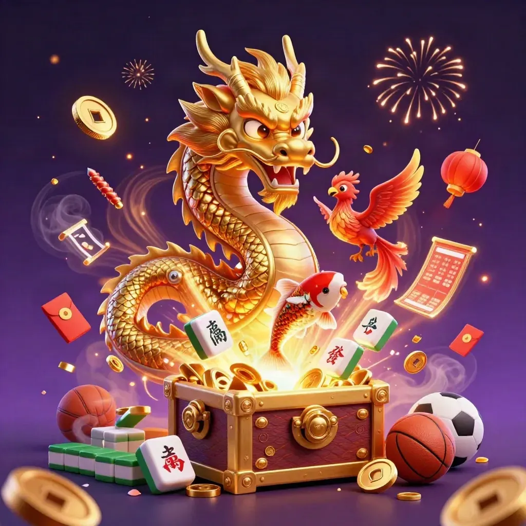 Golden dragon, phoenix, koi, coins, lanterns and sports bets explode in a royal casino scene.