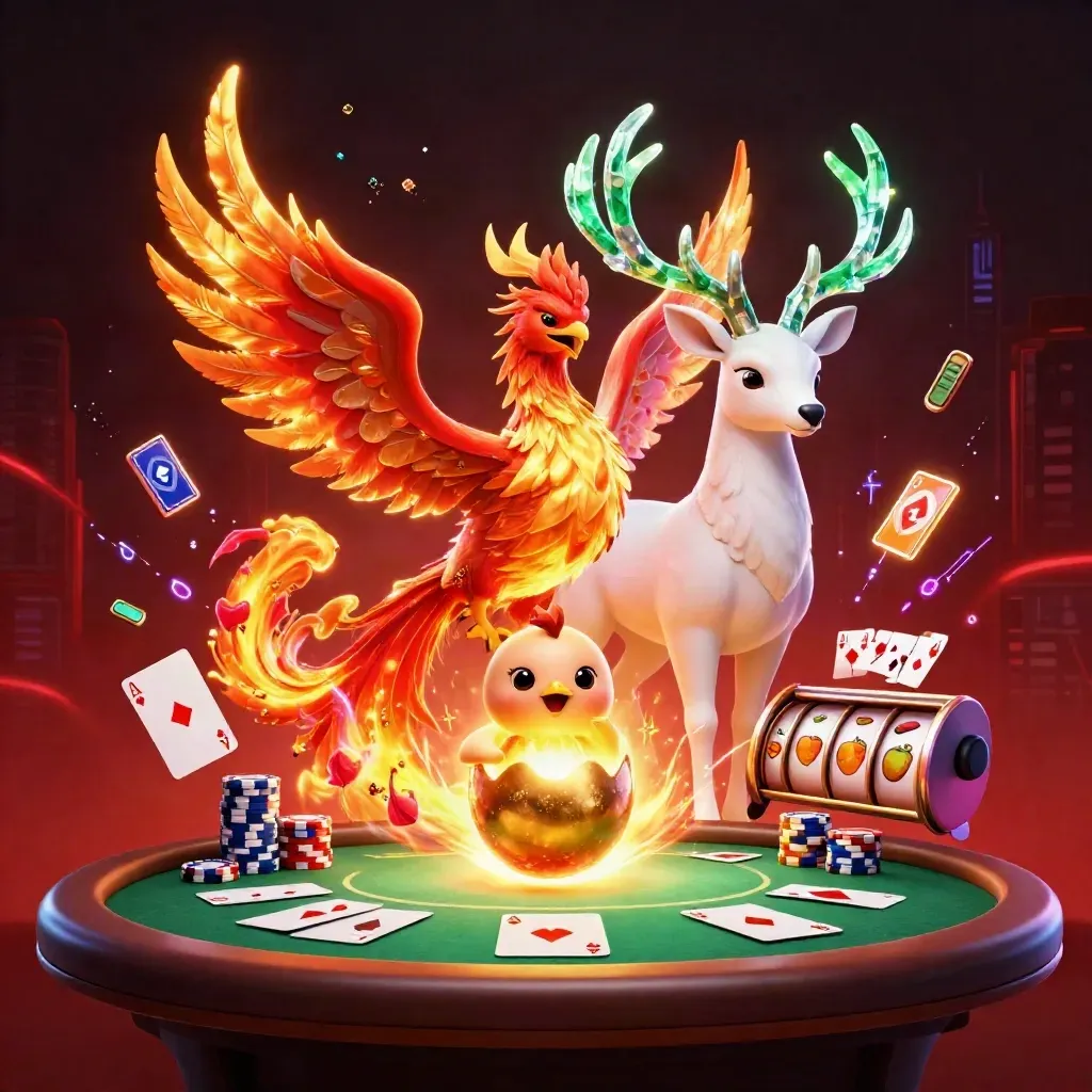 Fiery phoenix, hatching chick, and crystal stag amid chips, reels, and neon casino energy.