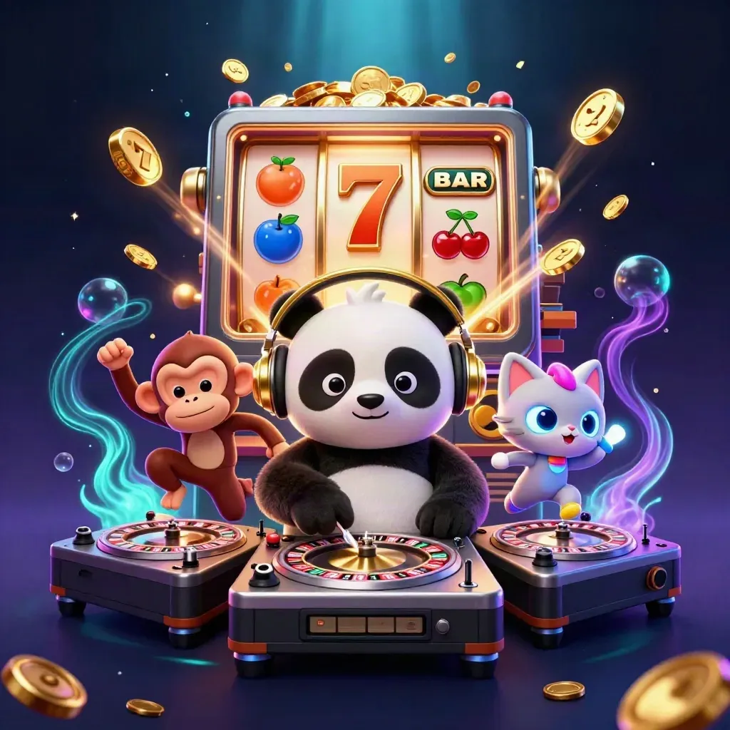 DJ panda, monkey, and glow-stick kitten amid slot reels, dice, gold, and casino rays