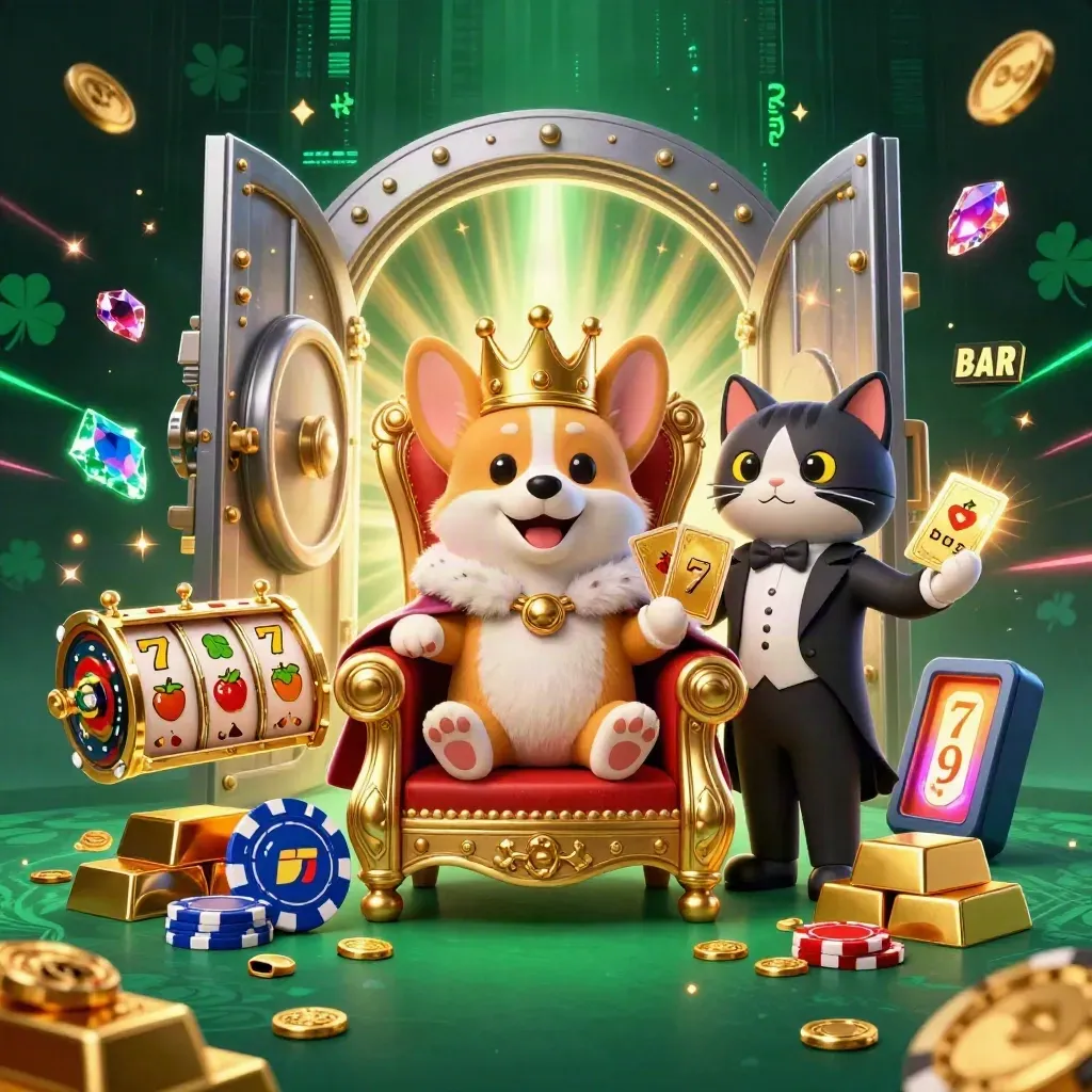 Royal corgi and cat butler amid vault gold, chips, gems, reels, and neon casino effects.
