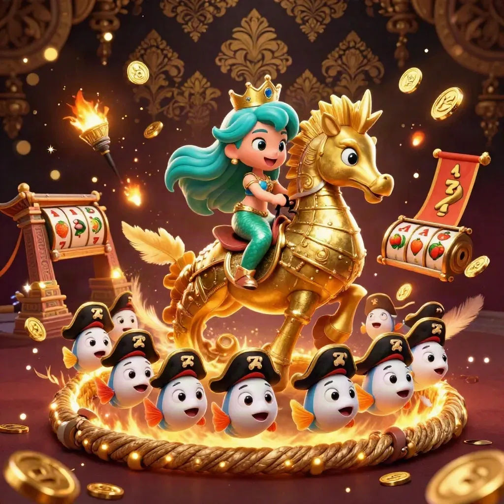 Mermaid princess on armored seahorse with pirate fish amid casino relics and glowing gold effects.