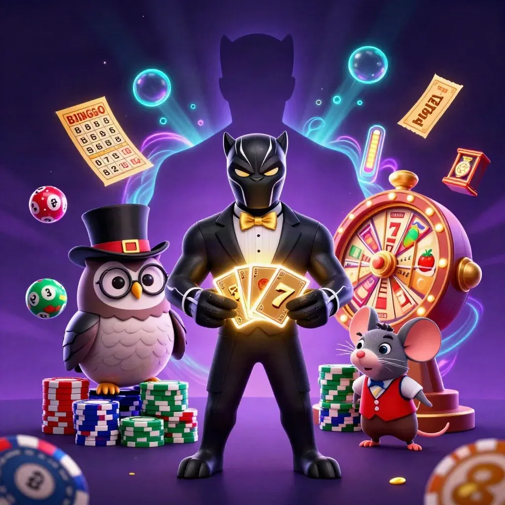 Panther, owl, and mouse amid casino props, glowing balls, reels, and magical neon light