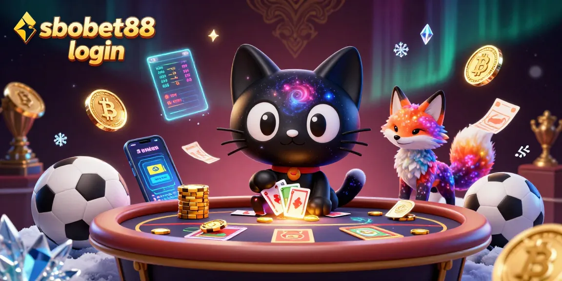 Simplifying sbobet88 login with a fun sports betting scene featuring a black hole cat and a nebula fox.