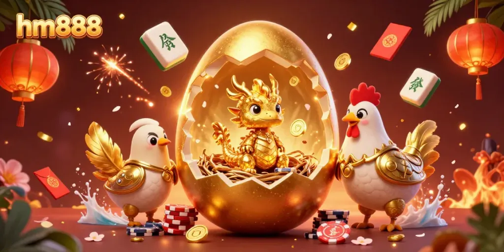 Engage with the thrilling experience of hm888 showcasing a baby dragon amidst poker chips and vibrant casino elements.