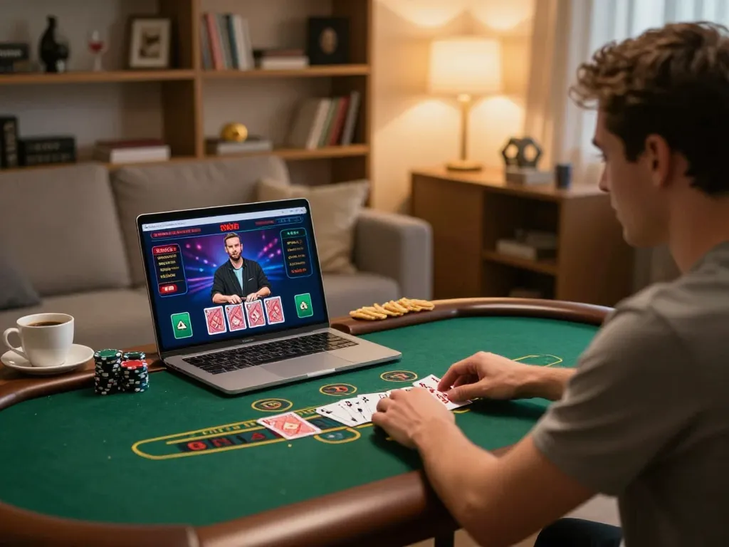 Người dùng LUCK8 đang tận hưởng trò chơi blackjack với dealer trực tiếp tại nhà, thể hiện lối chơi chiến lược và không gian thoải mái.