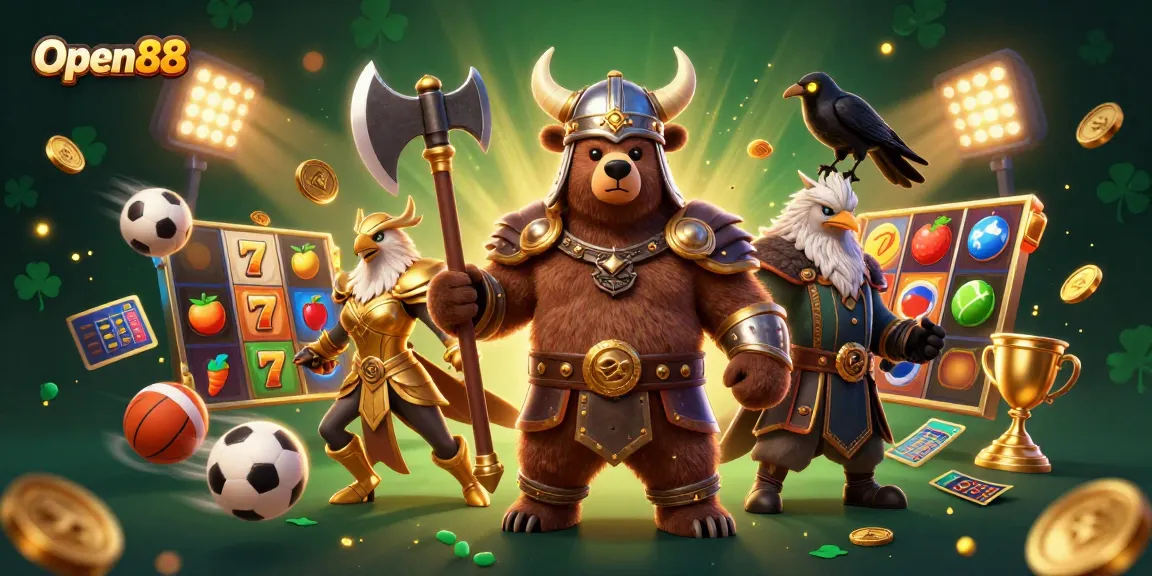 Open88 invites players to win with thrilling slot games in a vibrant, detailed casino scene.