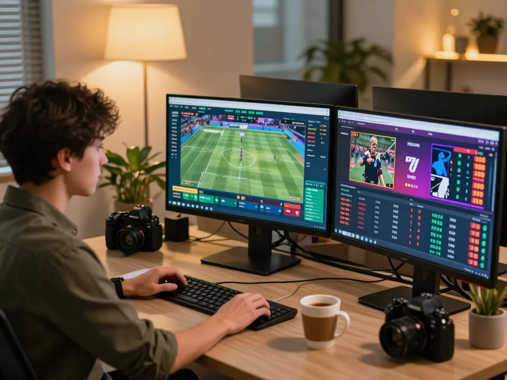 Engaging in strategic sports betting on 79win, analyzing live event data on multiple screens in a modern workspace.