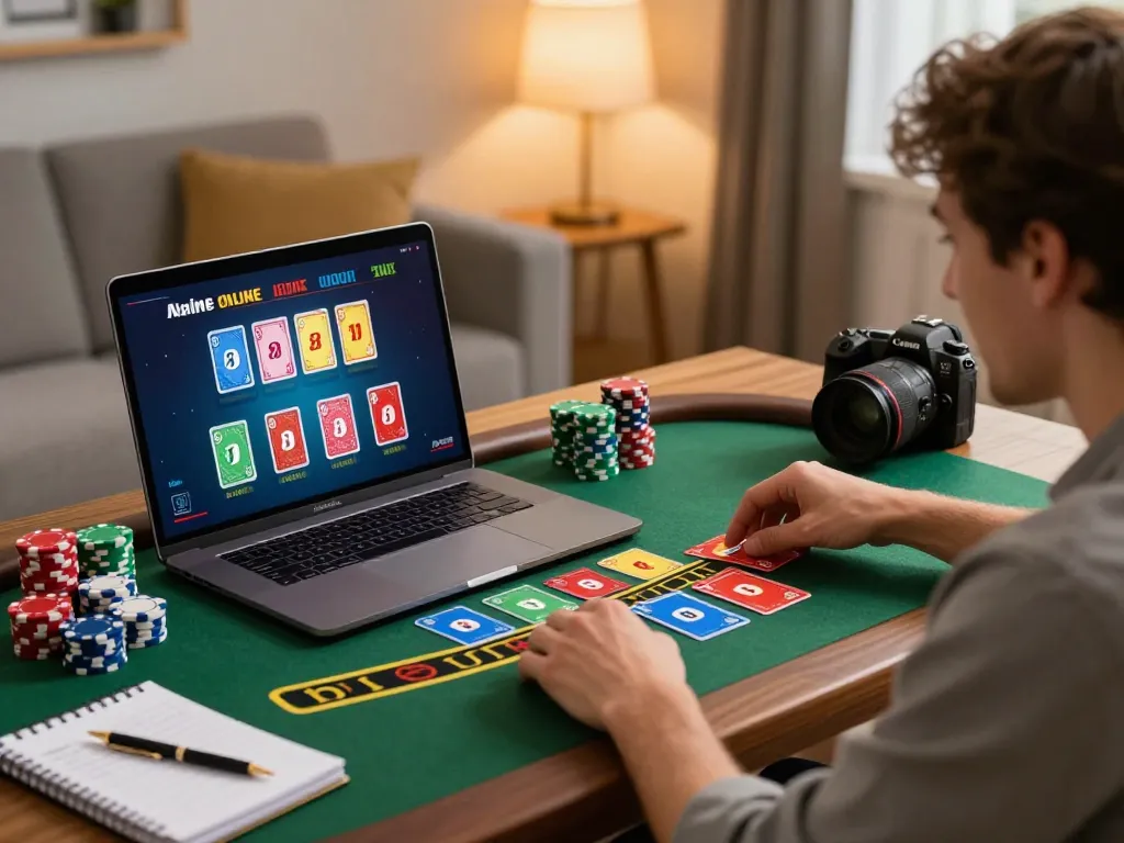 Player enjoying 11win blackjack online, showcasing excitement with cards on laptop in cozy home.