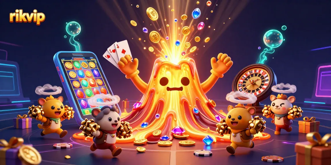 Win big at rikvip with a thrilling 3D cartoon illustration featuring vibrant casino elements and treasure.