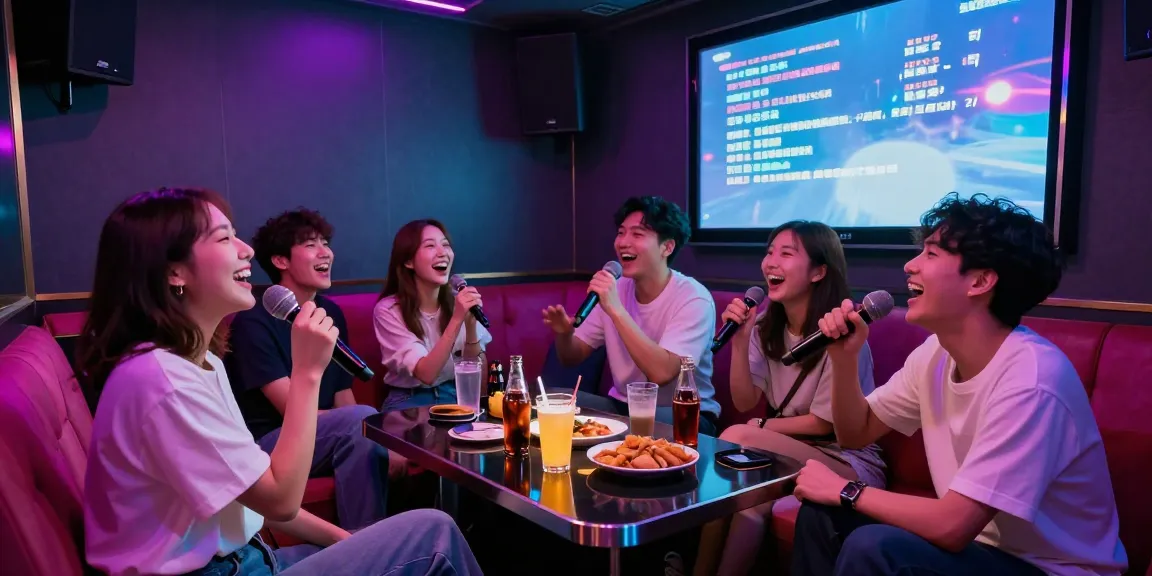 Enjoying 강남가라오케 night out with friends in vibrant private booth