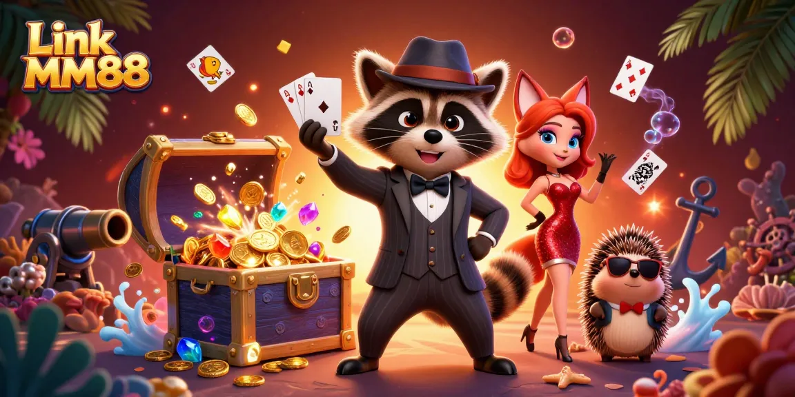 Experience the excitement of Link MM88 with a dynamic casino scene featuring charming cartoon characters and gambling elements.