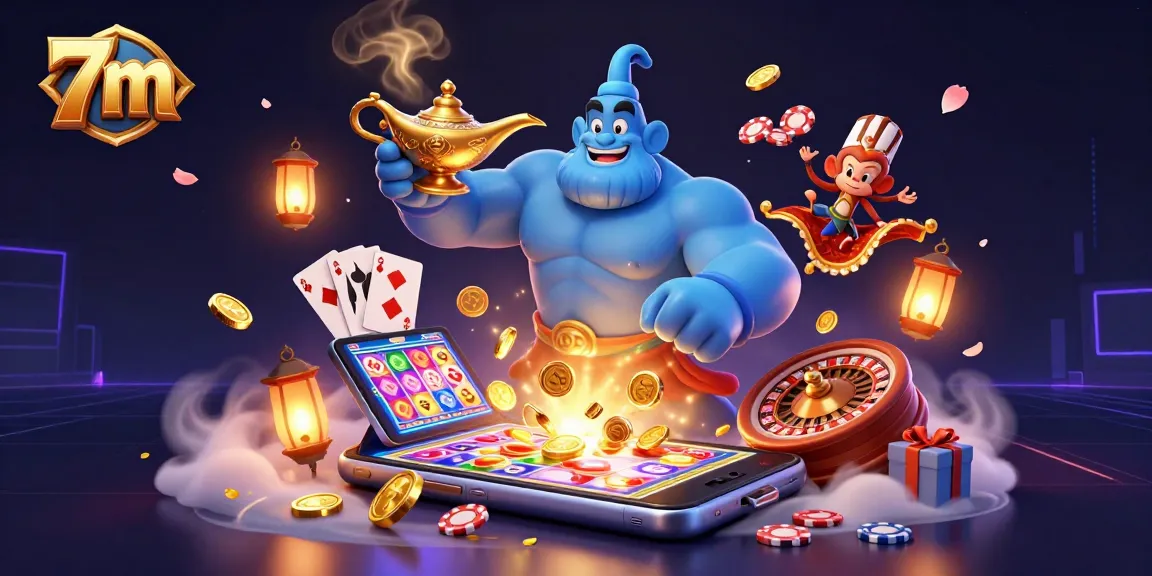Engage with the dynamic 7m casino experience featuring a genie and poker chips flying around.