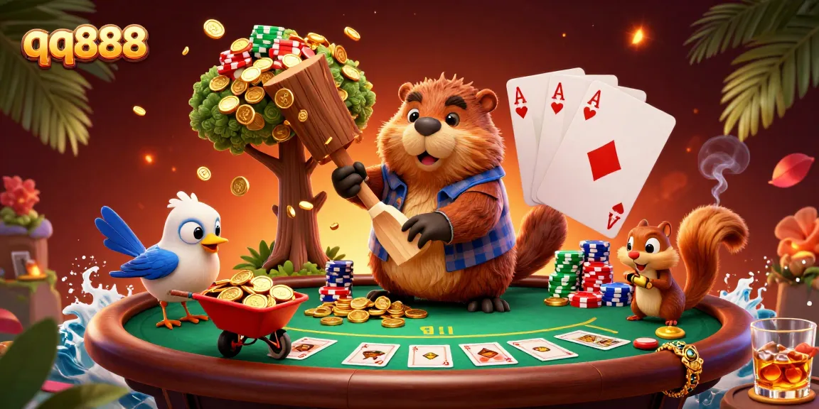 Engage with qq888 through a vibrant scene of a beaver and friends enjoying a casino atmosphere.
