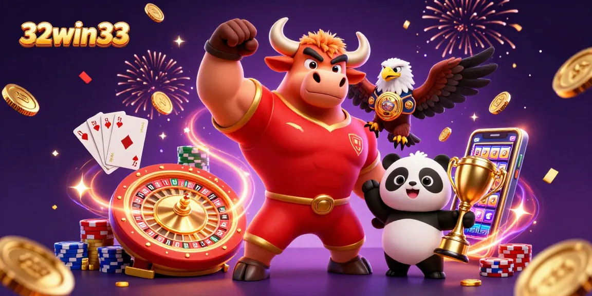 Experience the excitement at 32win33 with a victorious bull, eagle, and panda amidst casino elements.