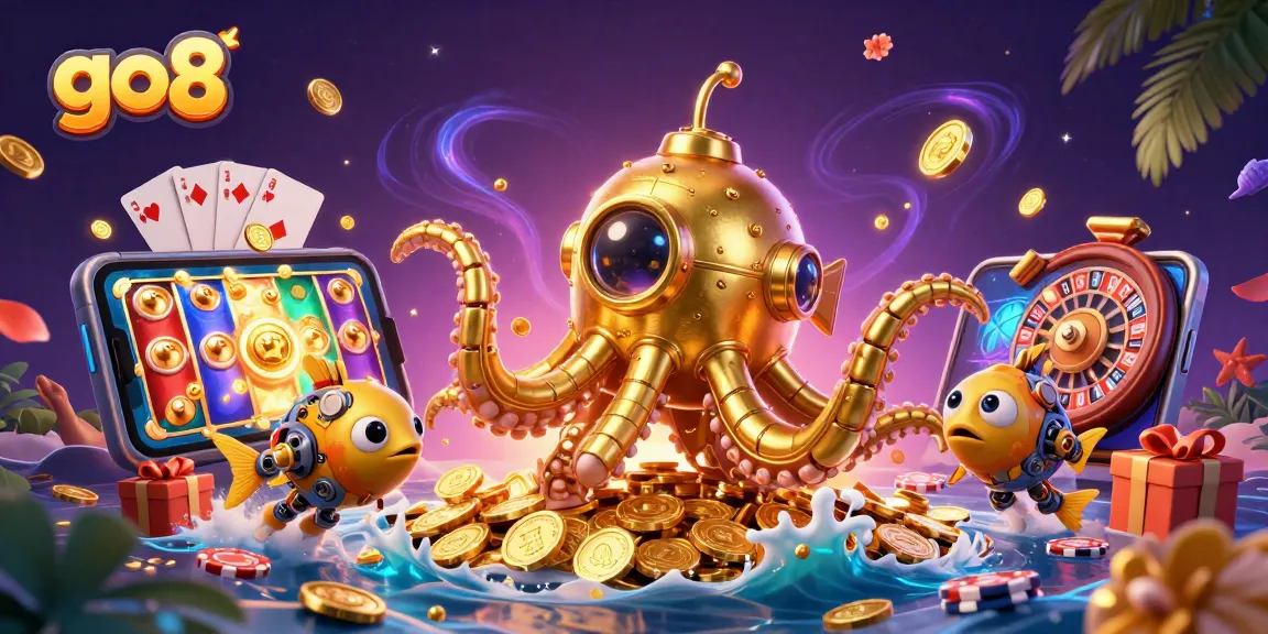 Experience thrilling gaming at go8 with a vibrant 3D casino illustration featuring a golden kraken submarine.
