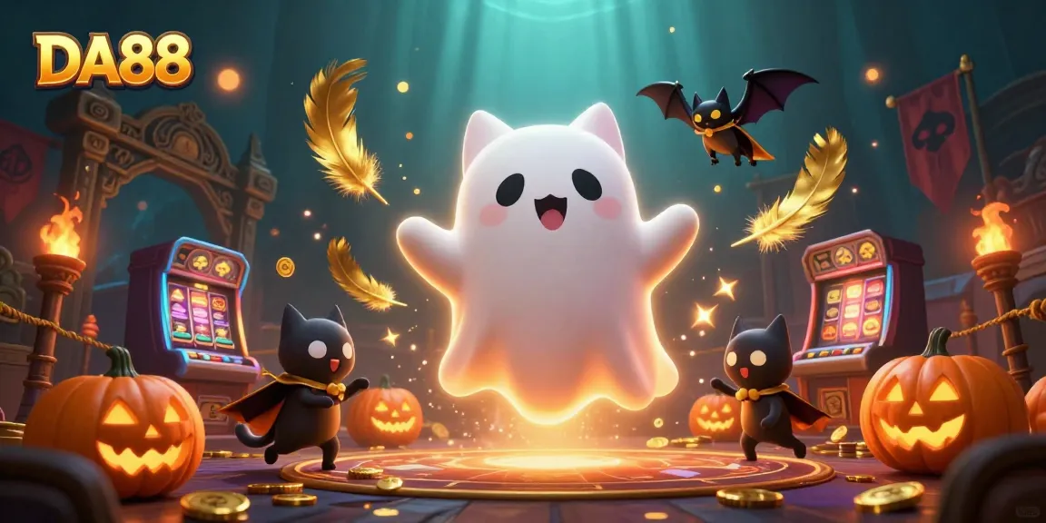 Join the action with DA88, where the friendly ghost cat navigates a vibrant casino filled with glowing jack-o-lanterns!