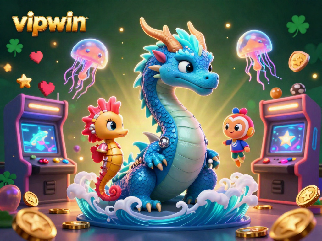 Experience the excitement of vipwin with a vibrant 3D scene filled with casino-themed characters and colorful gaming elements.