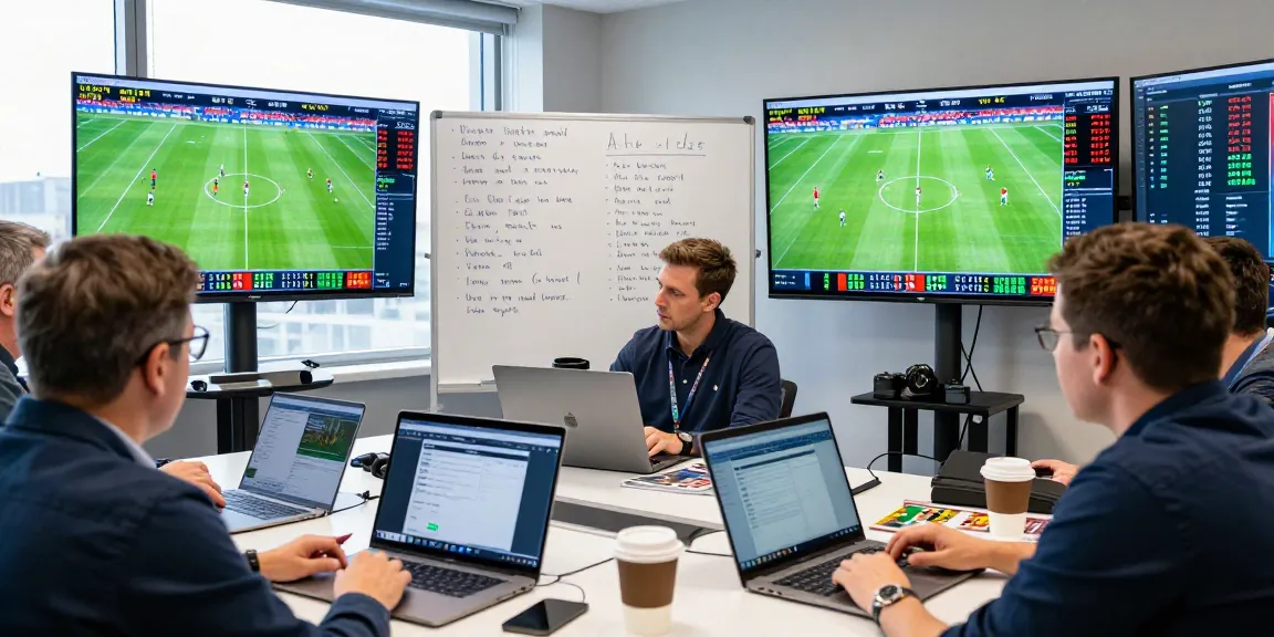 Analysts discussing giải mã kèo nhà cái strategies in a vibrant sports analytics office with live stats.