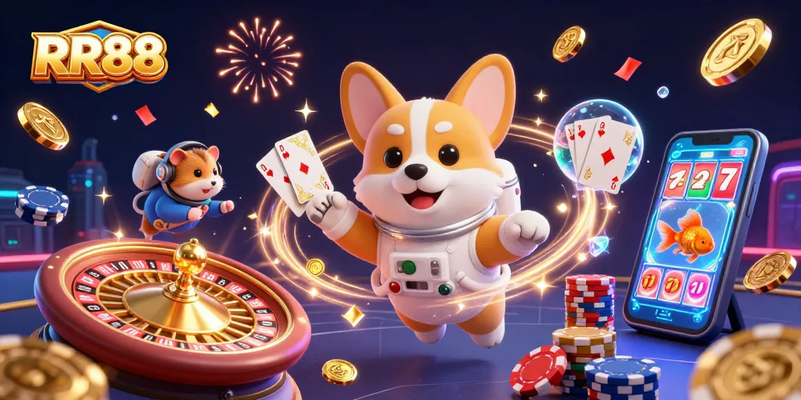 Engage with the thrilling atmosphere of RR88, where a cartoon astronaut corgi floats amid casino excitement, collecting coins.