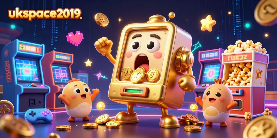 ukspace2019 showcases a golden slot machine winning a jackpot in a vibrant casino scene.