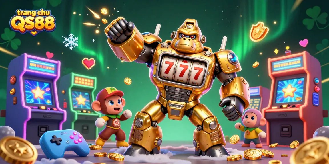 Experience exciting games at trang chủ QS88 with a golden gorilla mech and vibrant casino elements.