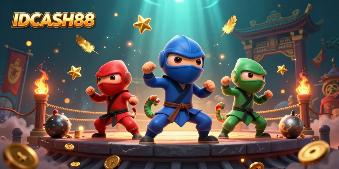 IDCASH88 ninja chameleons showcase their skills with betting tokens and gold coins in a vibrant casino-themed action.